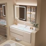 Beige Bathroom Vanity with Chalk Faucet, Backsplash, Plug-in, 1 Medicine Cabinet, 2 Drawers, and Watertight Durability, 31.5"L x 20"W x 20"H, Bathroom Vanity & Smart Glass Door Mirror Cabinet