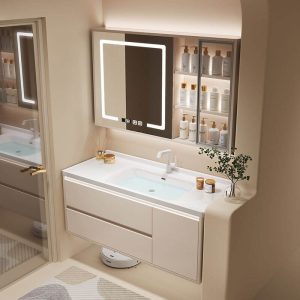 Beige Bathroom Vanity with Chalk Faucet, Backsplash, Plug-in, 1 Medicine Cabinet, 2 Drawers, and Watertight Durability, 31.5"L x 20"W x 20"H, Bathroom Vanity & Smart Glass Door Mirror Cabinet