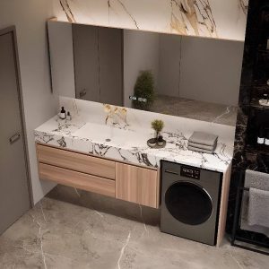 Dual Mounted Bathroom Vanity with White Sintered Stone Top, 4 Doors, Black Faucet, and Rectangular Ceramic Sink, 55"L x 24"W x 35.5"H, Vanity & Faucet & Smart Medicine Cabinet