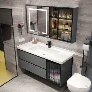 White Spill Proof Rectangular Ceramic Bathroom Vanity with 3 Doors, Dove Grey Base and Backsplash, 47"L x 20"W x 20"H, Bathroom Vanity & Faucet & Smart Mirror Cabinet with Glass Door