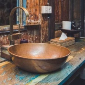 Simple Copper Bowl Sink with Center Trapway, Orbicular Shape - Gold 17"L x 17"W x 5"H