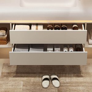 Spill Proof Sintered Stone Square Bathroom Vanity with Chalk Faucet, Beige Base and 4 Doors, Plug-in, 47.2"L x 19.7"W x 21.7"H, Bathroom Vanity & Faucet & Smart Mirror Cabinet with Glass Door