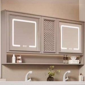 Gray Rectangle Medicine Cabinet with 3 Doors, Mirror Defogger, 5 Shelves, Rust Resistant & Lighting System, 59"L x 6"W x 31"H