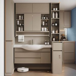 Casual Cream Warp Resistant Bathroom Vanity with Triangular Abstract Sink, 3 Doors, and Overflow Hole in Silver Finish, Vanity & Faucet & Mirror Cabinet, 40"L x 14"W x 20"H