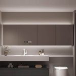 4 Shelves Ink Medicine Cabinet with 3 Doors, Rust Resistant, Illumination Light, Rectangle Shape & Plug-in, 59"L x 6"W x 30"H