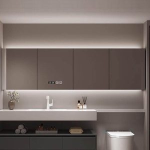 4 Shelves Ink Medicine Cabinet with 3 Doors, Rust Resistant, Illumination Light, Rectangle Shape & Plug-in, 59"L x 6"W x 30"H