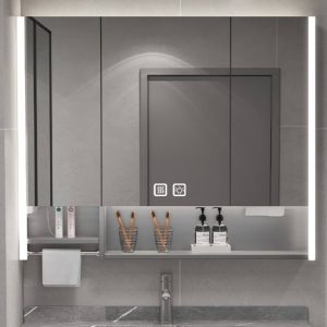 Alloy Medicine Cabinet with 7 Shelves, USB Outlet, Gray Finish, Illumination Light, Rectangle Shape, and Hydrophobic Resistance, 43"L x 5"W x 35"H