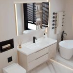 Beige Bathroom Vanity with 4 Doors, Backsplash, Plug-in, 2 Drawers, and Watertight Design, Vanity & Faucet & Fully Sealed Smart Mirror Cabinet, 43"L x 20"W x 19"H