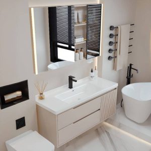 Beige Bathroom Vanity with 4 Doors, Backsplash, Plug-in, 2 Drawers, and Watertight Design, Vanity & Faucet & Fully Sealed Smart Mirror Cabinet, 43"L x 20"W x 19"H