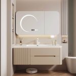 Spill Proof Bathroom Vanity with Chalk Faucet, Beige Base, 2 Doors, Shelf, Backsplash, and Contemporary Style, Vanity & Faucet & Smart Medicine Cabinet, 28"L x 20"W x 20"H