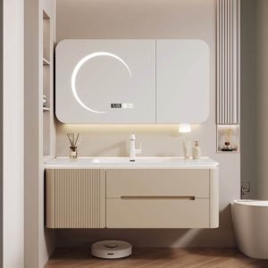 Spill Proof Bathroom Vanity with Chalk Faucet, Beige Base, 2 Doors, Shelf, Backsplash, and Contemporary Style, Vanity & Faucet & Smart Medicine Cabinet, 28"L x 20"W x 20"H