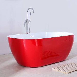 Burgundy Freestanding Bathtub with Roll Top Oval Design in Casual Plexiglass for Soaking, 71"L x 31"W x 23"H