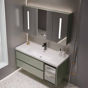 Light Green Bathroom Vanity with 4 Doors, Black Faucet, White Rectangular Ceramic Sink, and Casual Style, 39.5"L x 20"W x 20"H, Vanity & Faucet & Smart Medicine Cabinet