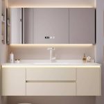 Dove Grey Faucet Contemporary Bathroom Vanity with Sintered Stone Sink, 5 Doors, Beige Base, and White Rectangular Finish, Vanity & Faucet & Smart Medicine Cabinet, 55"L x 20"W x 20"H