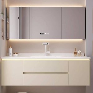 Dove Grey Faucet Contemporary Bathroom Vanity with Sintered Stone Sink, 5 Doors, Beige Base, and White Rectangular Finish, Vanity & Faucet & Smart Medicine Cabinet, 55"L x 20"W x 20"H