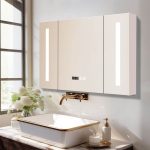 4 Shelves Midnight Black Rectangle Medicine Cabinet with 3 Doors, Mirror Defogger, Rust Resistant & Lighting System, 55"L x 5"W x 28"H