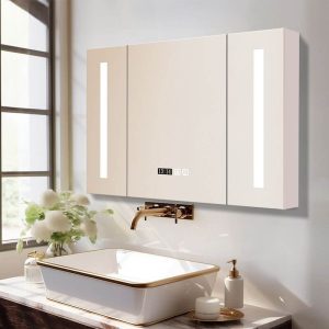 4 Shelves Midnight Black Rectangle Medicine Cabinet with 3 Doors, Mirror Defogger, Rust Resistant & Lighting System, 55"L x 5"W x 28"H