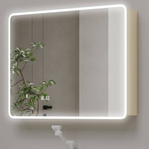 Beige 4 Shelves Medicine Cabinet with 2 Doors, Mirror Defogger, Rust Resistant Aluminum & Lighting System, Arc, 28"L x 5"W x 26"H