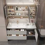 Stain Resistant Gold Faucet Bathroom Vanity with White Top, 1 Door, Stone Countertop, 1 Mirror, and Backsplash, 47"L x 22"W x 20"H, Bathroom Vanity & Faucet & Smart Square Mirror