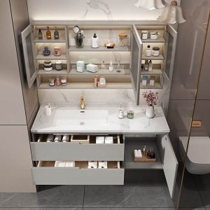 Stain Resistant Gold Faucet Bathroom Vanity with White Top, 1 Door, Stone Countertop, 1 Mirror, and Backsplash, 47"L x 22"W x 20"H, Bathroom Vanity & Faucet & Smart Square Mirror