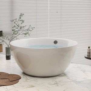 Circular Freestanding Bathtub with Roll Top Design in Casual White Plexiglass Style for Soaking, 63"L x 63"W x 26"H