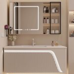 Bathroom Vanity with 1 Drawer, White Faucet, Beige Base, 2 Doors, Rectangular Ceramic Sink, and Contemporary Style, 47"L x 20"W x 20"H, Bathroom Vanity & Faucet & Smart Vanity Mirror Cabinet