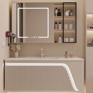 Bathroom Vanity with 1 Drawer, White Faucet, Beige Base, 2 Doors, Rectangular Ceramic Sink, and Contemporary Style, 47"L x 20"W x 20"H, Bathroom Vanity & Faucet & Smart Vanity Mirror Cabinet