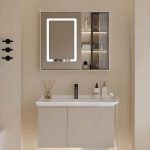 Modern Simple Style Ivory Bathroom Vanity with 4 Doors, Wall Mounted Standard, Overflow Hole, Chalk Sink Finish & Ink Faucet, Vanity & Faucet & Smart Medicine Cabinet, 27"L x 20"W x 19"H