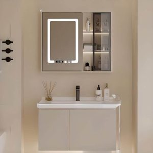 Modern Simple Style Ivory Bathroom Vanity with 4 Doors, Wall Mounted Standard, Overflow Hole, Chalk Sink Finish & Ink Faucet, Vanity & Faucet & Smart Medicine Cabinet, 27"L x 20"W x 19"H