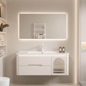 Spill Proof White Bathroom Vanity with 1 Mirror, Chalk Faucet, 2 Doors, Shelf, and Backsplash, Vanity & Faucet & Mirrors, 48"L x 20"W x 20"H