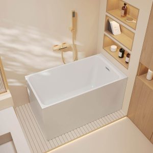 Alcove Bathtub, Overflow Hole, Rectangle Shape, Casual Style, White Color, Back to Wall Design, Polymer Material, Soaking Therapy, 43"L x 26"W x 25"H