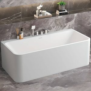 Alcove Bathtub with Rectangle Shape, Casual Style, White Back to Wall Soaking Design, 63"L x 28"W x 22"H