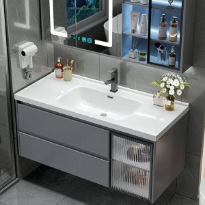 Bathroom Vanity with 1 Door, 1 Mirror, Matte Black Faucet, White Ceramic Sink, and Gray Contemporary Design, 40"L x 20"W x 20"H, Bathroom Vanity & Faucet & Smart Square Mirror