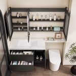 Watertight Chalk Stone Bathroom Vanity with Midnight Black 2 Drawers and Plug-in 1 Mirror, 59"L x 19.5"W x 19.5"H, Vanity & Faucet & Smart Square Mirror & Side Cabinet