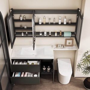 Watertight Chalk Stone Bathroom Vanity with Midnight Black 2 Drawers and Plug-in 1 Mirror, 59"L x 19.5"W x 19.5"H, Vanity & Faucet & Smart Square Mirror & Side Cabinet