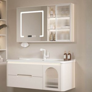 Spill Proof Bathroom Vanity with 4 Doors, White Base, Shelf, Backsplash, Contemporary Style, and Overflow Hole, 36"L x 20"W x 20"H, Bathroom Vanity & Faucet & Smart Vanity Mirror Cabinet