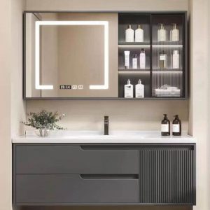 Spill Proof Bathroom Vanity with Chalk Faucet, 3 Doors, Storm Gray Base, Shelf, Backsplash, and Contemporary Style, 32"L x 20"W x 20"H, Bathroom Vanity & Faucet & Smart Mirror Cabinet with Glass Door
