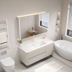 Chalk Bathroom Vanity with Sintered Stone Sink and Countertop, Faucet, Shelf, and Plug-in Medicine Cabinet, 28"L x 20"W x 20"H, Vanity & Faucet & Smart Medicine Cabinet