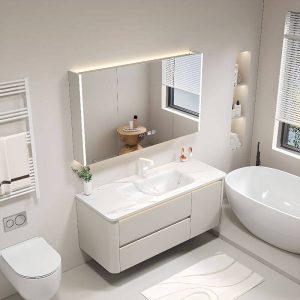 Chalk Bathroom Vanity with Sintered Stone Sink and Countertop, Faucet, Shelf, and Plug-in Medicine Cabinet, 28"L x 20"W x 20"H, Vanity & Faucet & Smart Medicine Cabinet