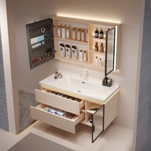 Chalk Backsplash Bathroom Vanity with Plug-in 1 Medicine Cabinet, 4 Doors, Chalk Faucet and 2 Drawers, 48"L x 19"W x 20"H, Bathroom Vanity & Faucet & Smart Vanity Mirror Cabinet, Cream