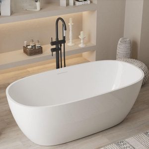 Freestanding Bathtub with Roll Top, Oval Shape, Casual Style, Plexiglass Material for Soaking, Gloss White, 67"L x 31"W x 22"H