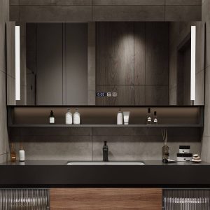 3 Doors Ink Medicine Cabinet with Mirror Defogger, 5 Shelves, Rust Resistant, Illumination Light & Rectangle Shape, 63"L x 6"W x 30"H