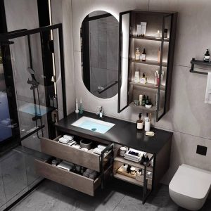 Silver Faucet Bathroom Vanity with Midnight Black Stone Countertop, 1 Mirror, Plug-in, 2 Drawers, and Watertight, 35.4"L x 20.5"W x 19.7"H, Vanity & Faucet & Smart Oval Mirror & Glass Cabinet