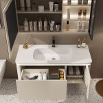 Stain Resistant Bathroom Vanity with 1 Drawer, Sintered Stone Sink, Beige Base, Ink Faucet, 2 Doors, White Finish, Vanity & Faucet & Smart Medicine Cabinet, 28"L x 20"W x 19"H