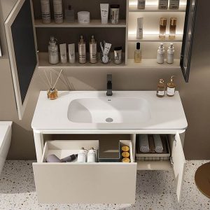 Stain Resistant Bathroom Vanity with 1 Drawer, Sintered Stone Sink, Beige Base, Ink Faucet, 2 Doors, White Finish, Vanity & Faucet & Smart Medicine Cabinet, 28"L x 20"W x 19"H