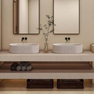 Engineered Stone Beige Rectangle Bowl Bathroom Sink with Center Trapway and Modish Style, Sink