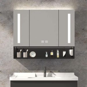4 Shelves Medicine Cabinet with USB Outlet, Ink Finish, Stainless Steel, Illumination Light, Rectangle Shape, and Hydrophobic Resistance, 28"L x 5"W x 31"H
