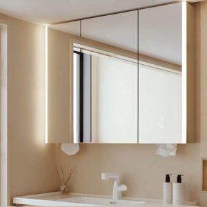 Beige Composite Wood Rectangle Medicine Cabinet with 7 Shelves, Rainproof, Illumination Light, and Plug-in, 39"L x 6"W x 31"H