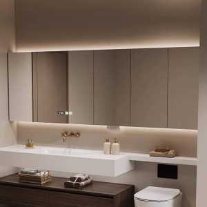 Brown 4 Shelves Medicine Cabinet with 3 Doors, Mirror Defogger, Rust Resistant, Lighting System & Rectangle Shape, 67"L x 6"W x 30"H