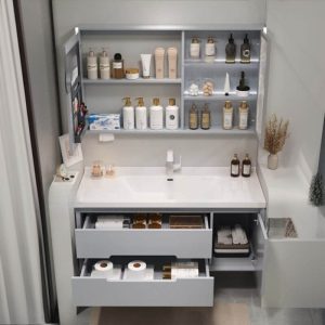 Spill Proof Bathroom Vanity with Chalk Faucet, 3 Doors, Light Gray Base, Shelf, Backsplash, and Contemporary Style, Vanity & Faucet & Smart Medicine Cabinet, 28"L x 20"W x 20"H